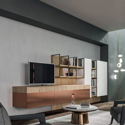 Parete Attrezzata Living T08 in laccato Metal Rame semilucido e Bianco con finiture in impiallacciato Rovere tinto Nordico nodato di Gentili Cucine