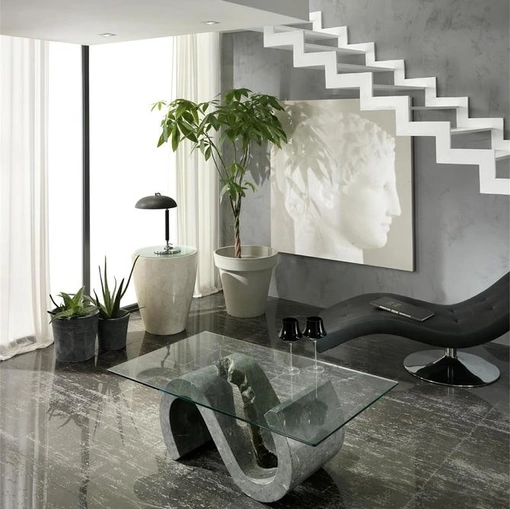 Tavolino Flexus in vetro con base in pietra fossile di Stones