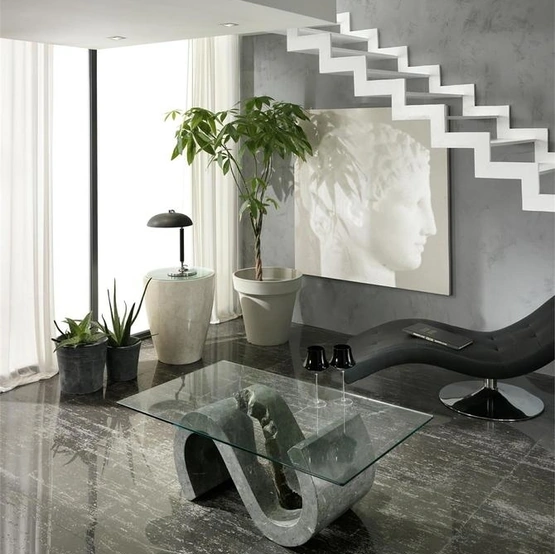 Tavolino Flexus in vetro con base in pietra fossile di Stones
