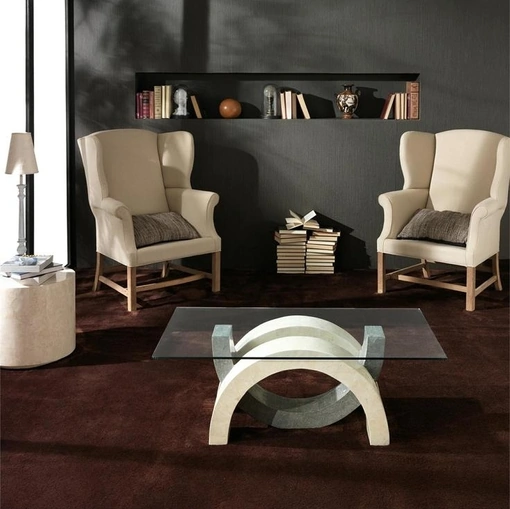 Tavolino con top in vetro e base in pietra fossile Olimpia di Stones