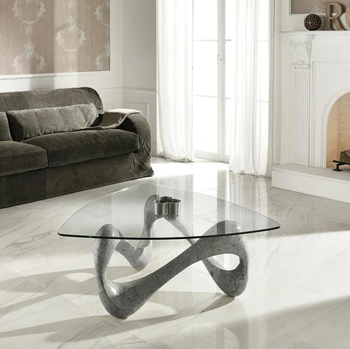 Tavolino Tetris con top in vetro e base in pietra fossile di Stones