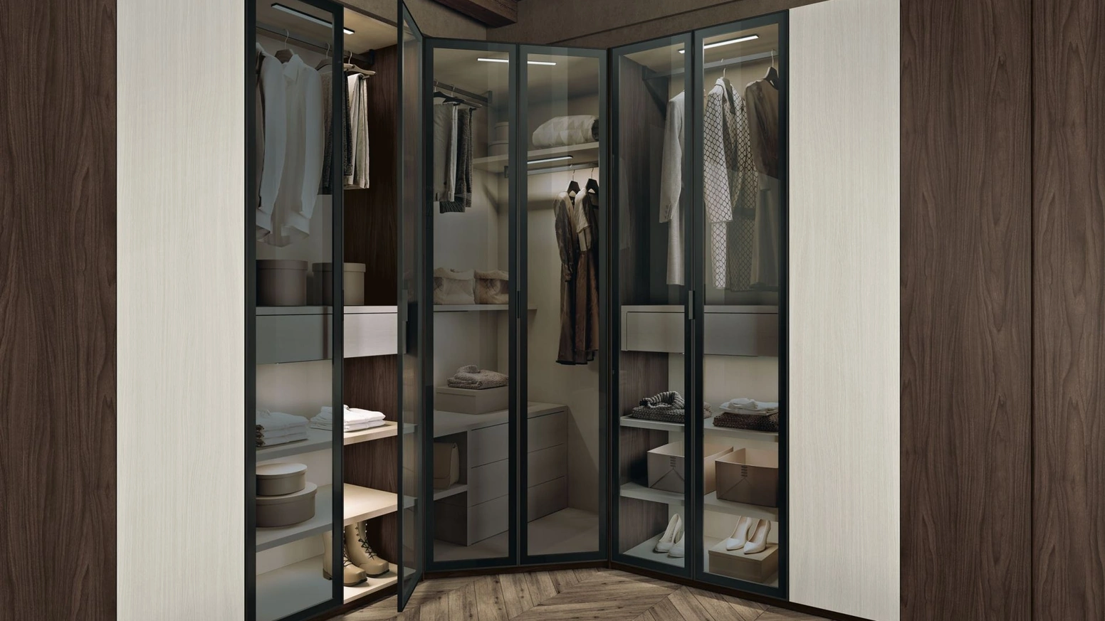 Armadio angolare Lyra LY12 in melaminico e vetro di MCSMobili