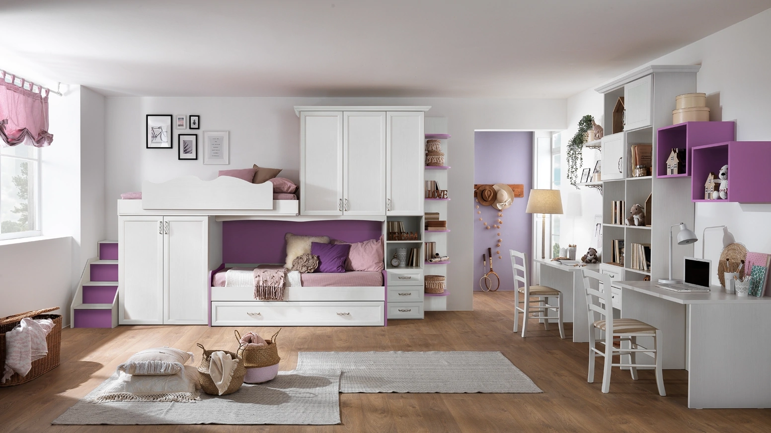 Cameretta a soppalco in bianco frassinato e violetto Afrodite AF03 di MCSMobili