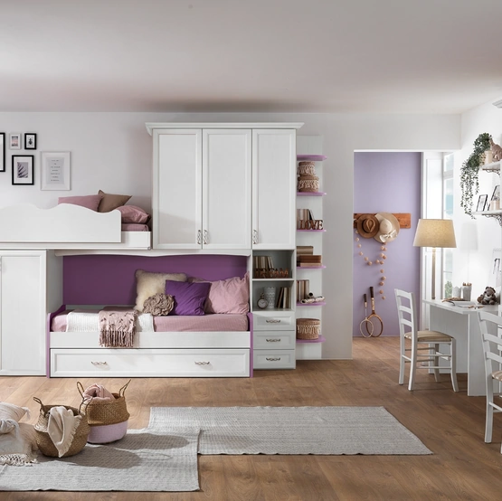 Cameretta a soppalco in bianco frassinato e violetto Afrodite AF03 di MCSMobili