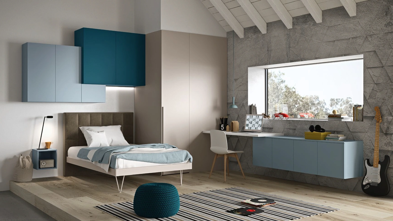 Cameretta componibile con angolo studio SET K14 in melaminico e laccato di Siloma