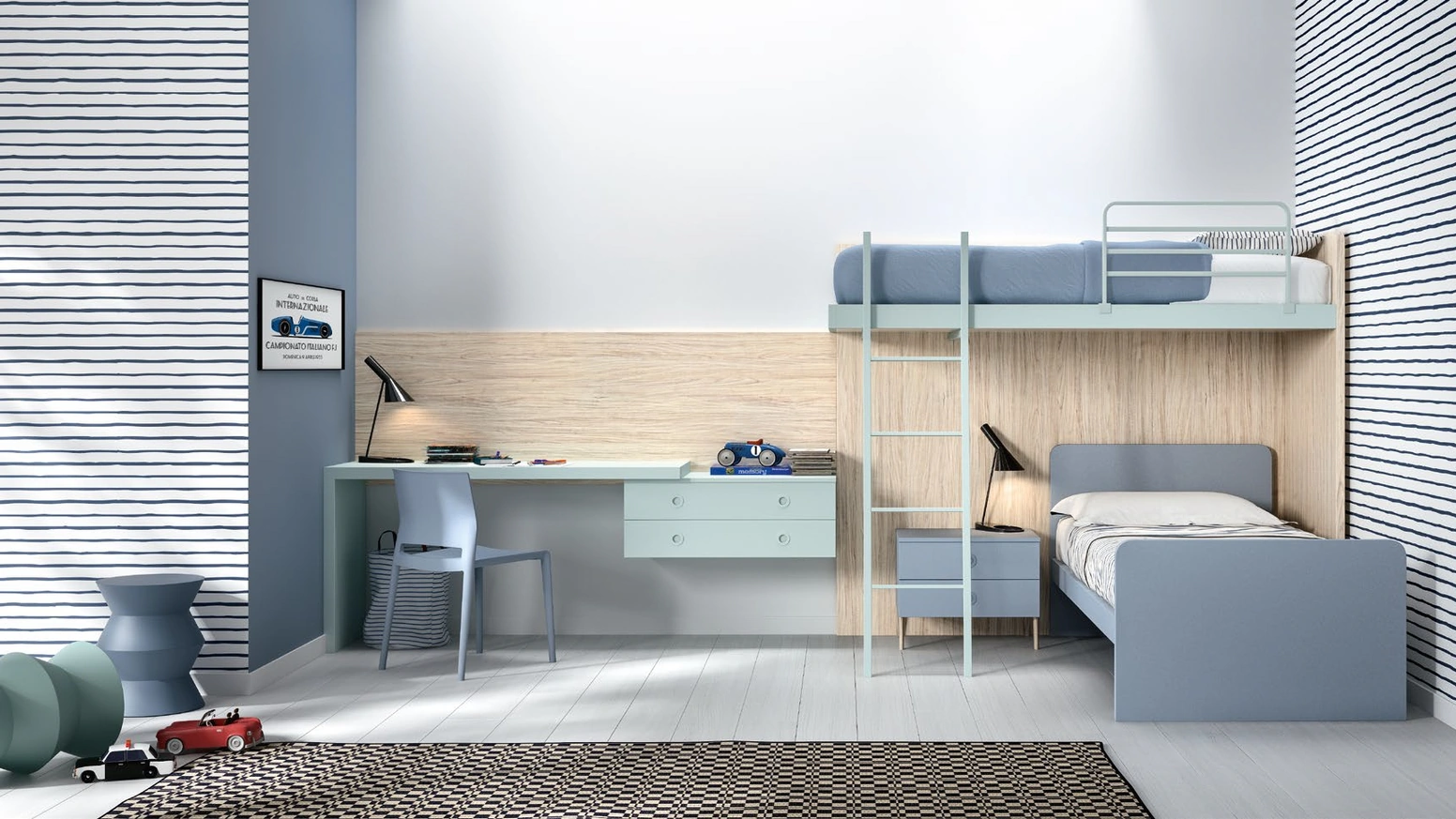 Cameretta con letti a castello e scrivania SET K21 in melaminico e laccato di Siloma