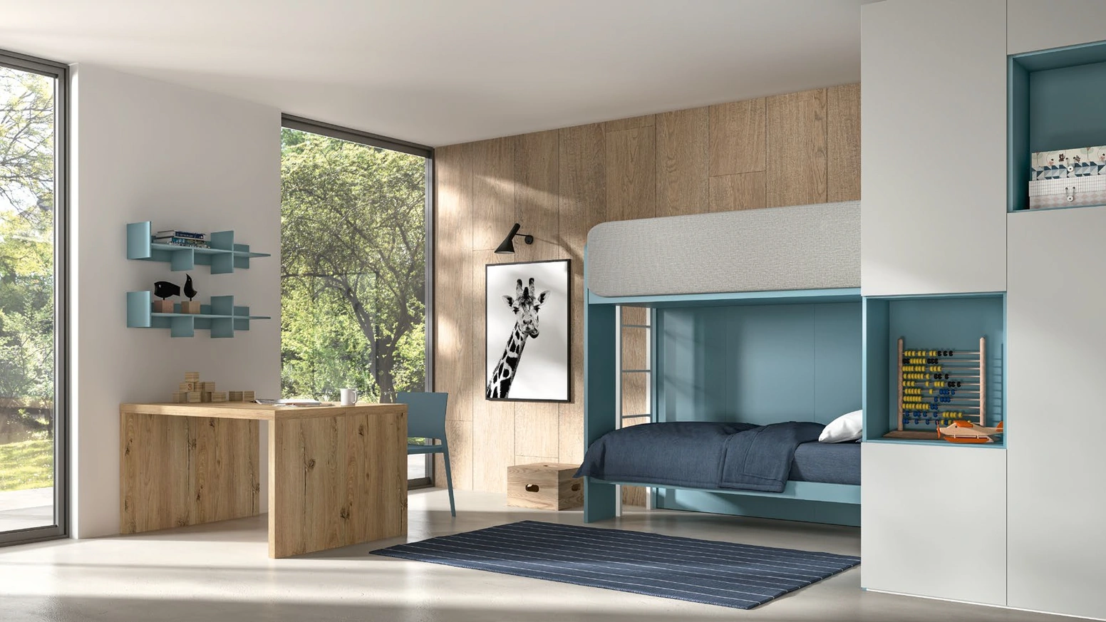 Cameretta con letti a castello SET K22 in melaminico e laccato con scrivania in materico rovere nodato miele di Siloma