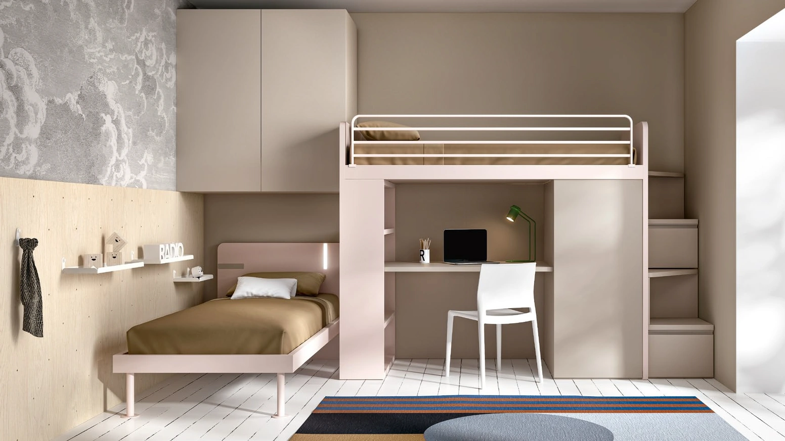 Cameretta a soppalco con scrivania SET K23 in melaminico e laccato di Siloma