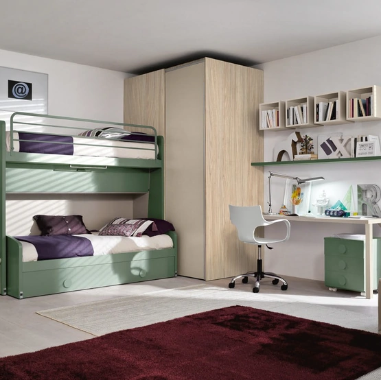 Cameretta con letti a castello e angolo studio SET K26 in melaminico e laccato di Siloma