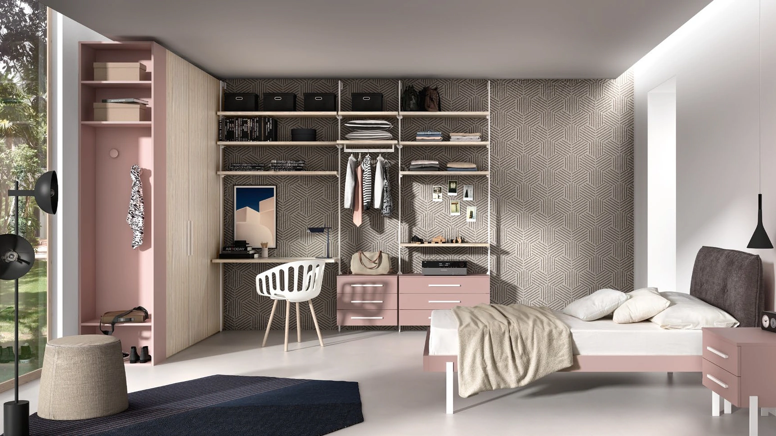 Cameretta componibile SET Y01 in melaminico rosa e frassino di Siloma