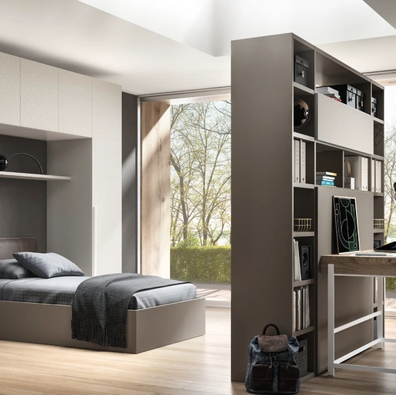 Cameretta a ponte SET Y02 in laccato, melaminico e materico calce e rovere di Siloma