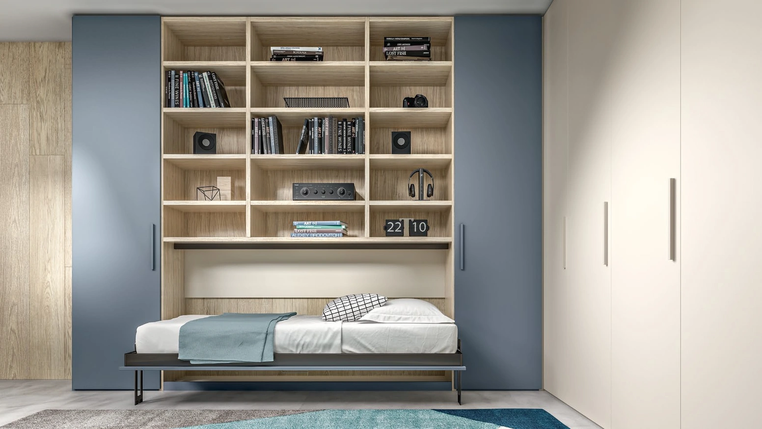 Cameretta salvaspazio SET Y05 con letto aperto in melaminico e laccato di Siloma