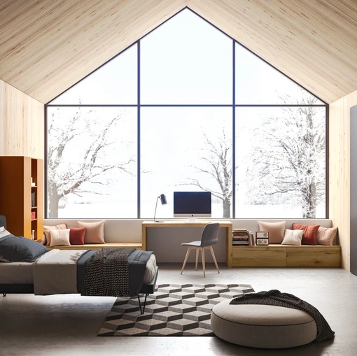 Cameretta su misura SET Y06 in melaminico e laccato con parete adibita a studio in materico rovere nodato di Siloma