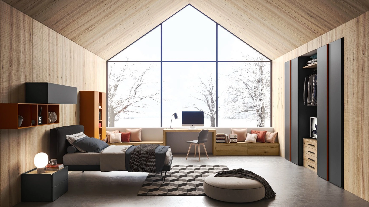 Cameretta su misura SET Y06 in melaminico e laccato con parete adibita a studio in materico rovere nodato di Siloma