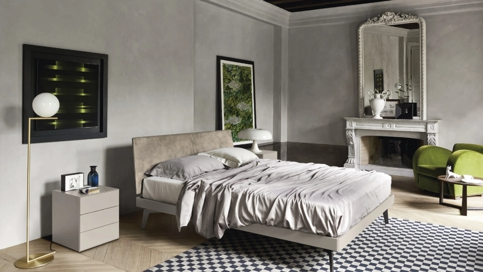 Letto Aliante 2|0 con testiera in pelle e giroletto laccato di Sangiacomo