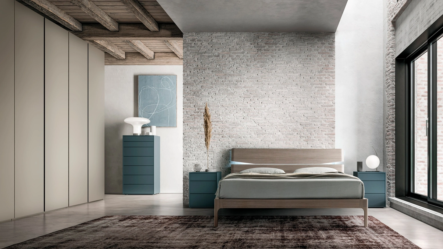 Letto matrimoniale finitura Matwood Grey con testiera Grecale di SantaLucia