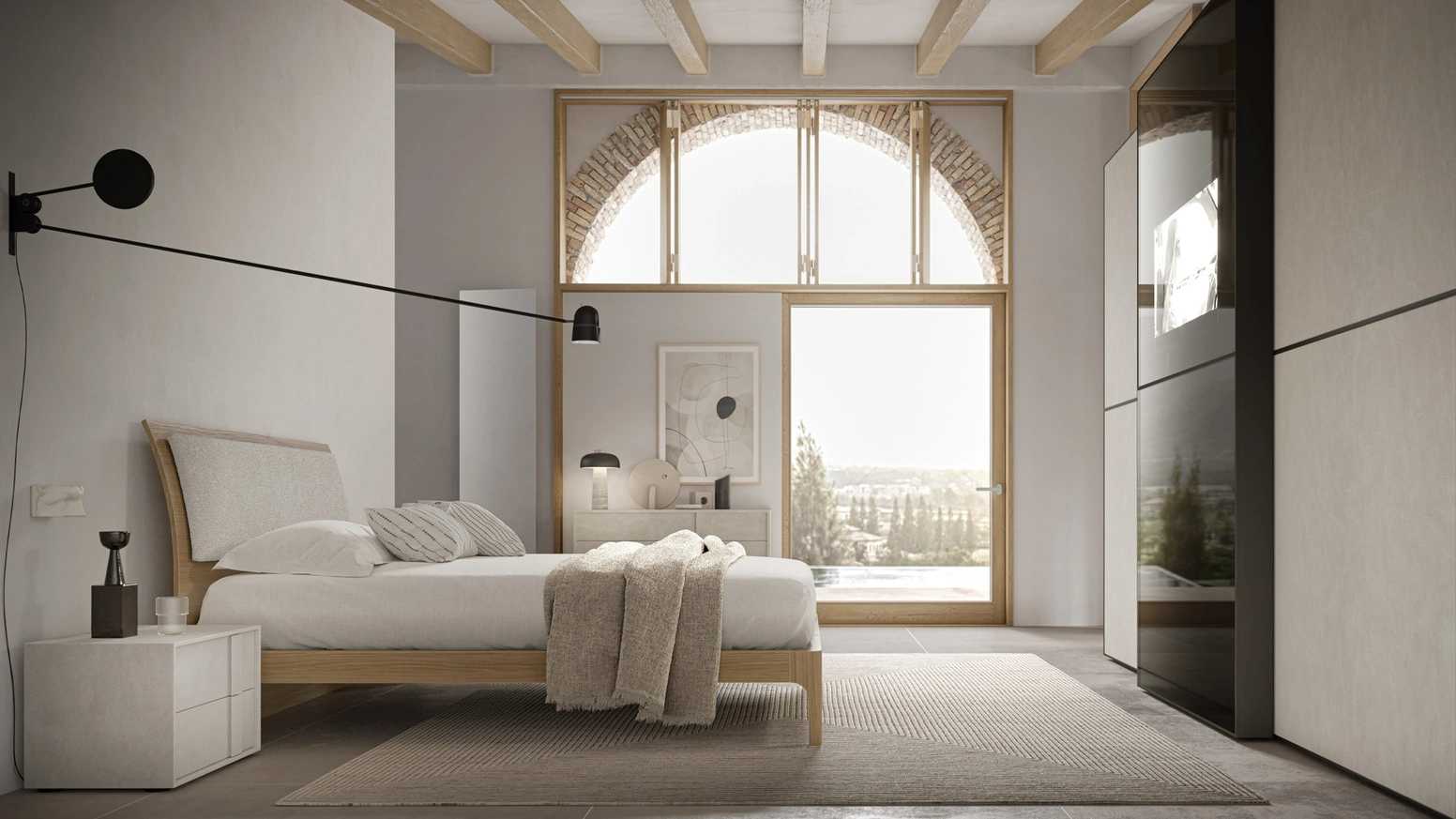 Letto finitura Matwood White con testiera imbottita Parentesi di SantaLucia