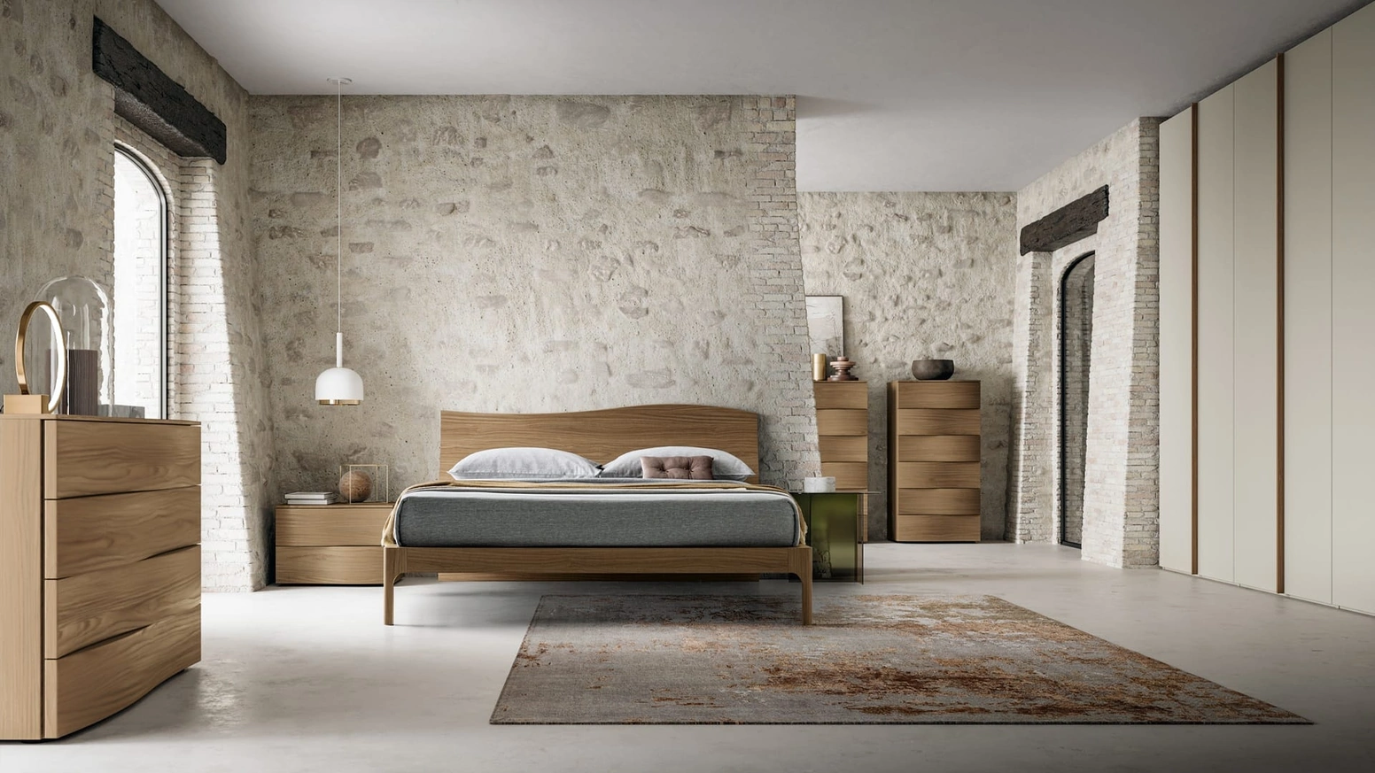 Letto moderno Wave finitura Matwood Coffee con testiera a onda di SantaLucia