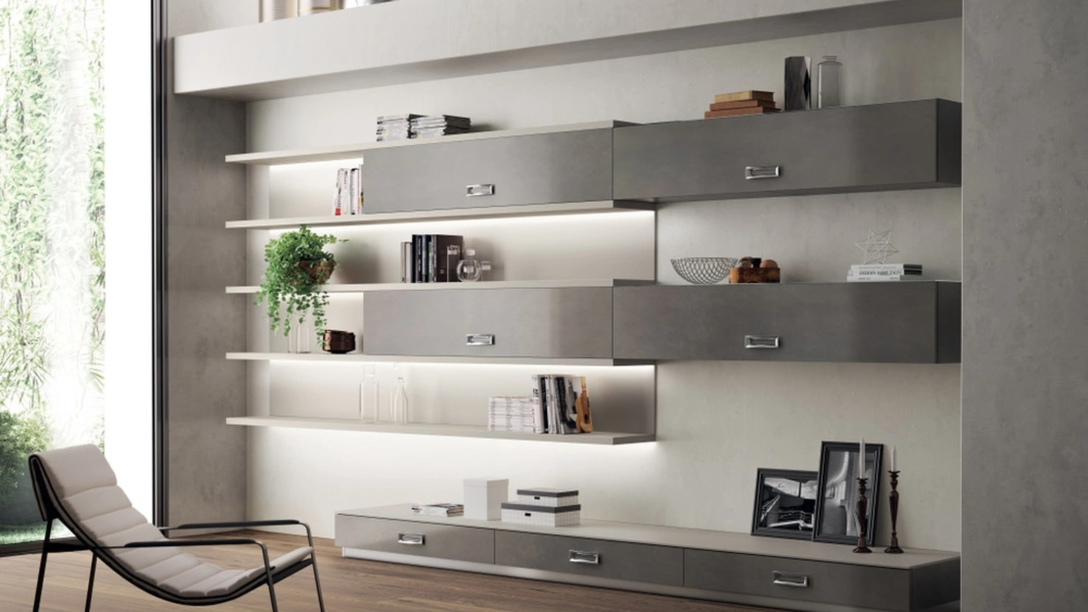 Libreria Living Exclusiva in laccato ossidato Stained Steel di Scavolini