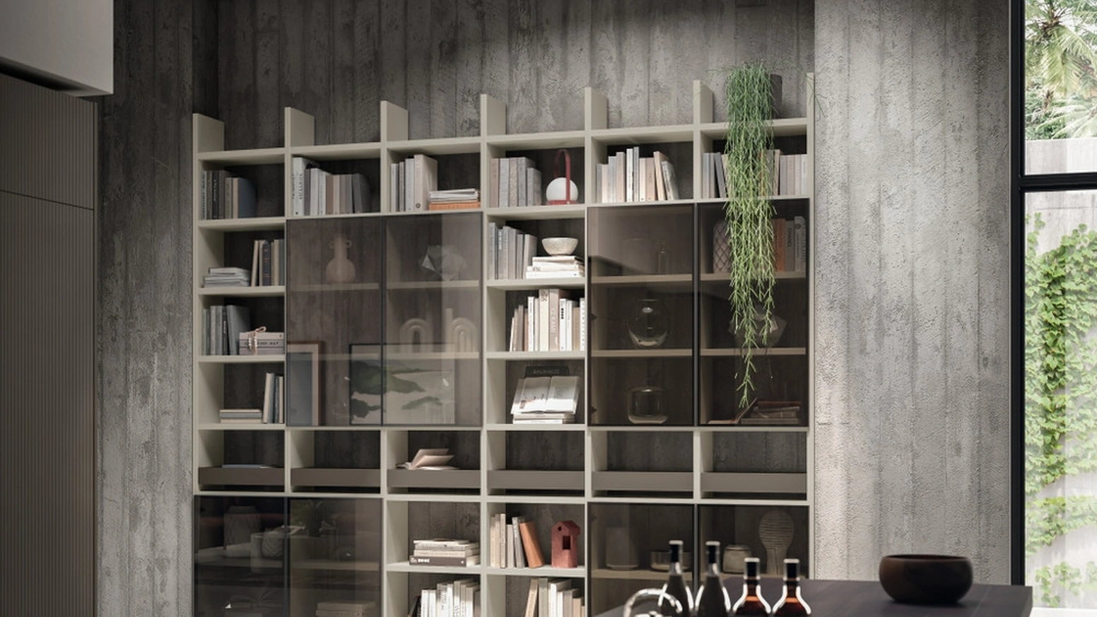 Libreria Living Libra in laccato opaco Grigio Gabbiano e Cuvé di Scavolini
