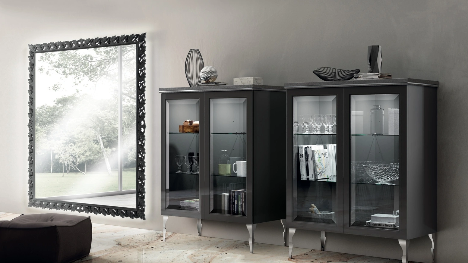 Madia Living Exclusiva 05 in laccato lucido Grigio Ferro con ante in vetro di Scavolini