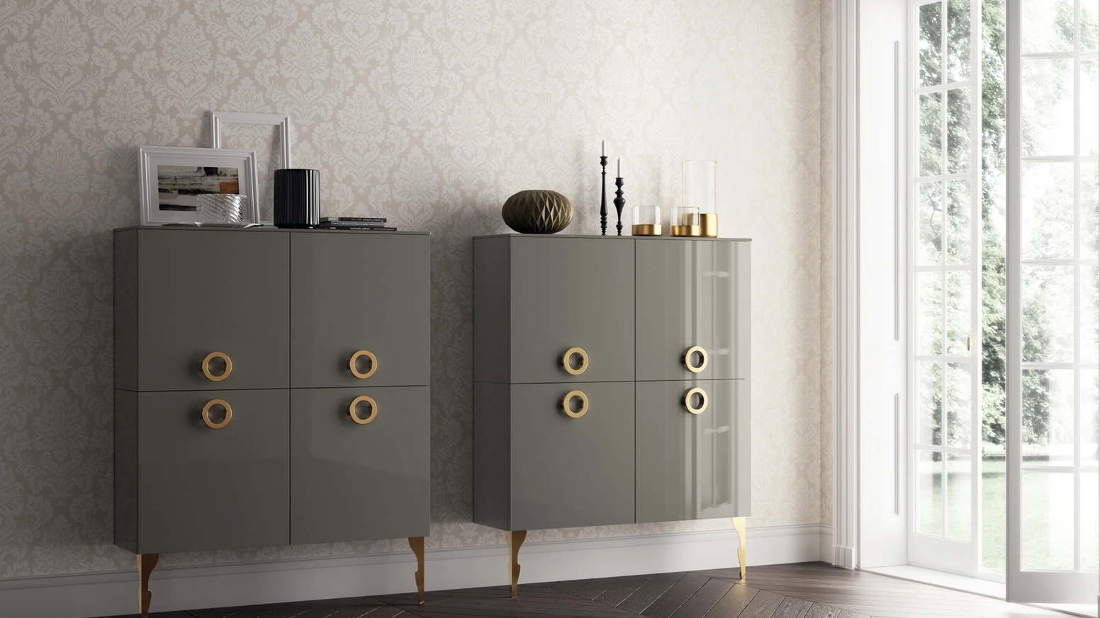 Madia Living Exclusiva 04 in laccato lucido Grigio Titanio di Scavolini