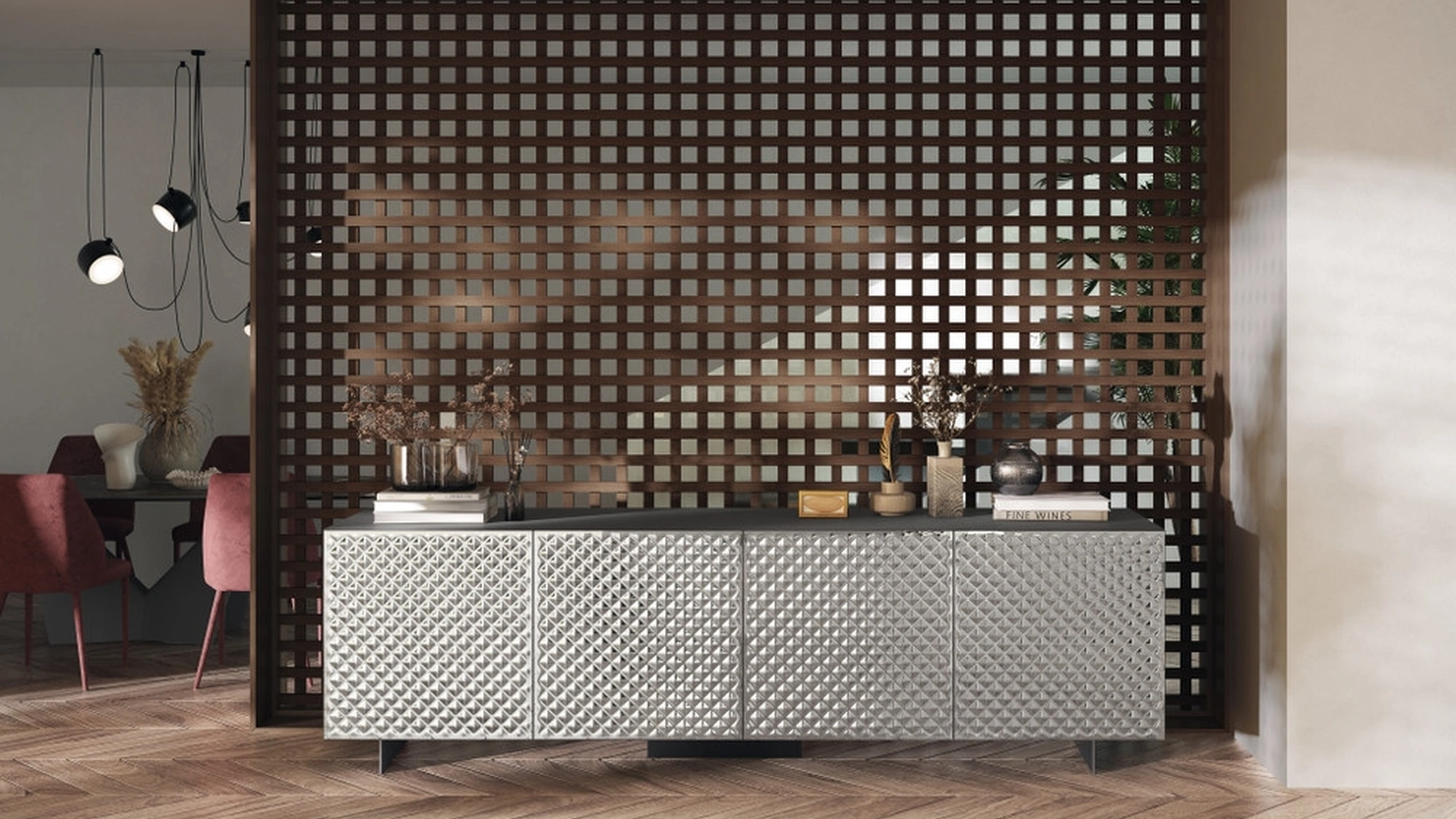 Madia Sideboard 03 in vetro specchiato a rombi di Scavolini