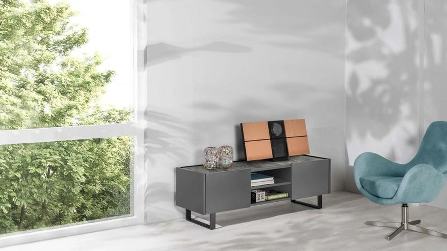 Mobile Porta Tv Pegaso in MDF laccato grigio con top in ceramica marmo grigio di Stones