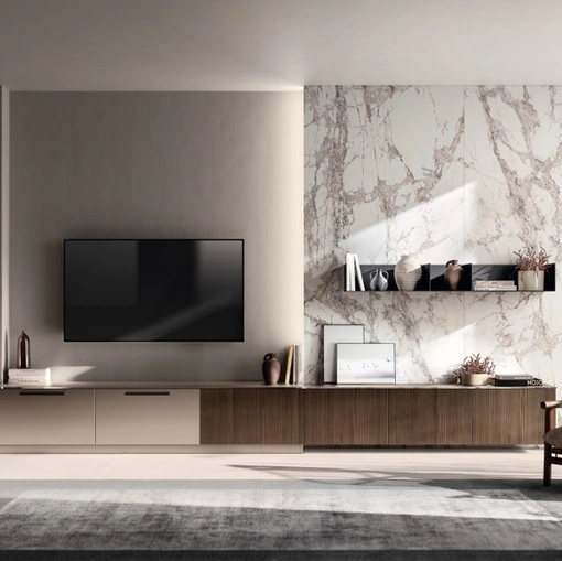 Parete Attrezzata Living Musa 01 in Rovere Pecan e laccato opaco di Scavolini