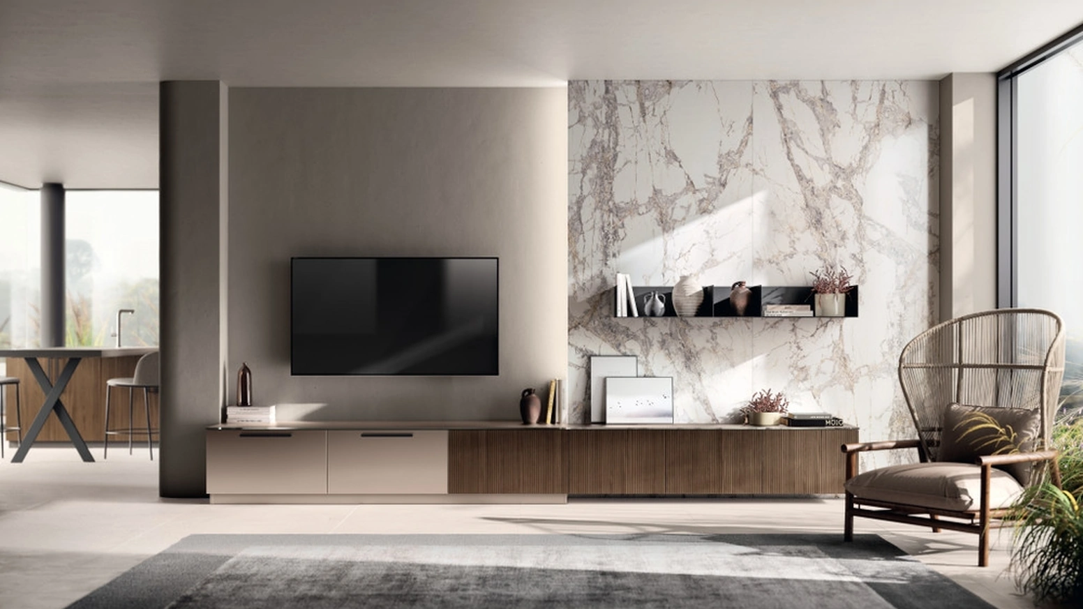 Parete Attrezzata Living Musa 01 in Rovere Pecan e laccato opaco di Scavolini