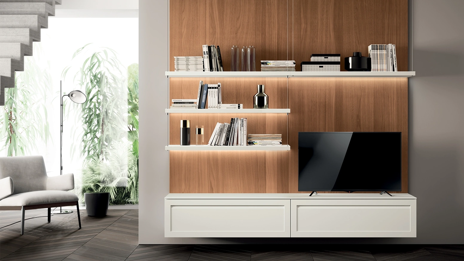 Parete Attrezzata Living Carattere 04 in laccato opaco Bianco Prestige di Scavolini