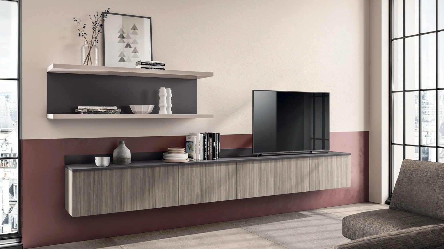 Parete Attrezzata sospesa Living Easy Urban 01 in decorativo Eucalipto Taj di Scavolini