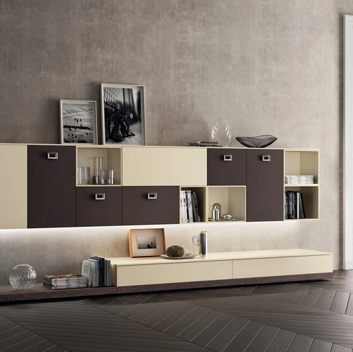 Parete Attrezzata Living Exclusiva 09 in laccato Beige e Pelle Ebano di Scavolini