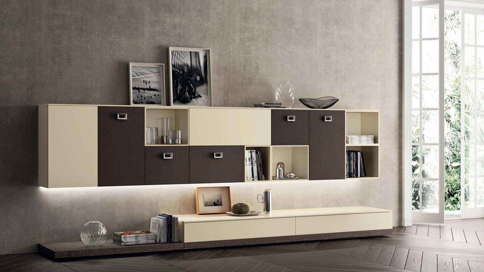Parete Attrezzata Living Exclusiva 09 in laccato Beige e Pelle Ebano di Scavolini