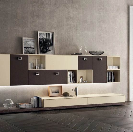 Parete Attrezzata Living Exclusiva 09 in laccato Beige e Pelle Ebano di Scavolini