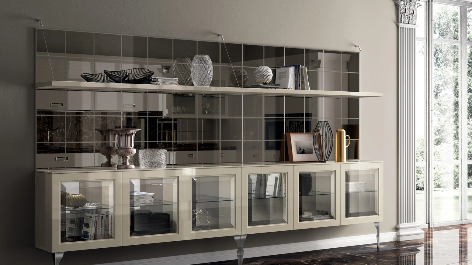 Parete Attrezzata Living Exclusiva 07 in laccato lucido Tortora con ante in vetro di Scavolini