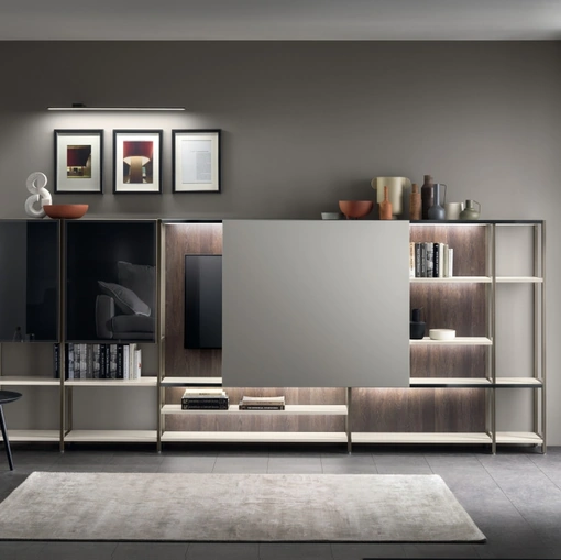 Parete Attrezzata Living Formalia 05 con Anta scorrevole in laccato Pet Pioggia di Scavolini