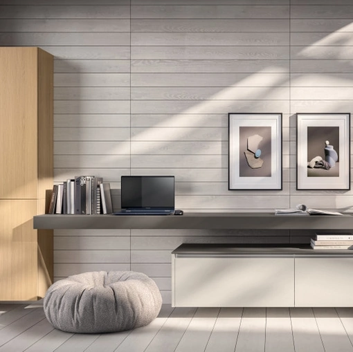 Parete Attrezzata Living Lumina 01 in decorativo Home Matter e Rovere Gold e laminato Grigio Londra di Scavolini