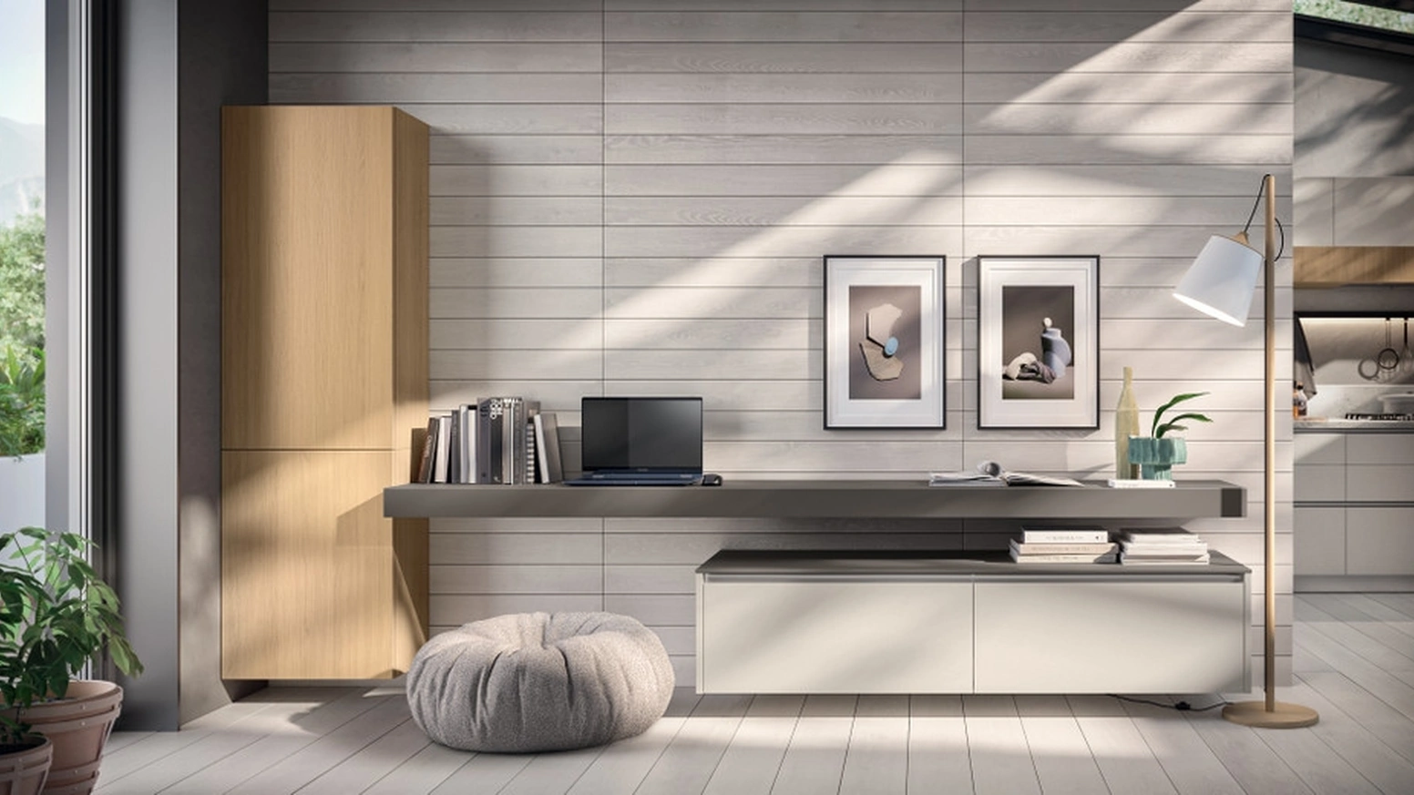 Parete Attrezzata Living Lumina 01 in decorativo Home Matter e Rovere Gold e laminato Grigio Londra di Scavolini