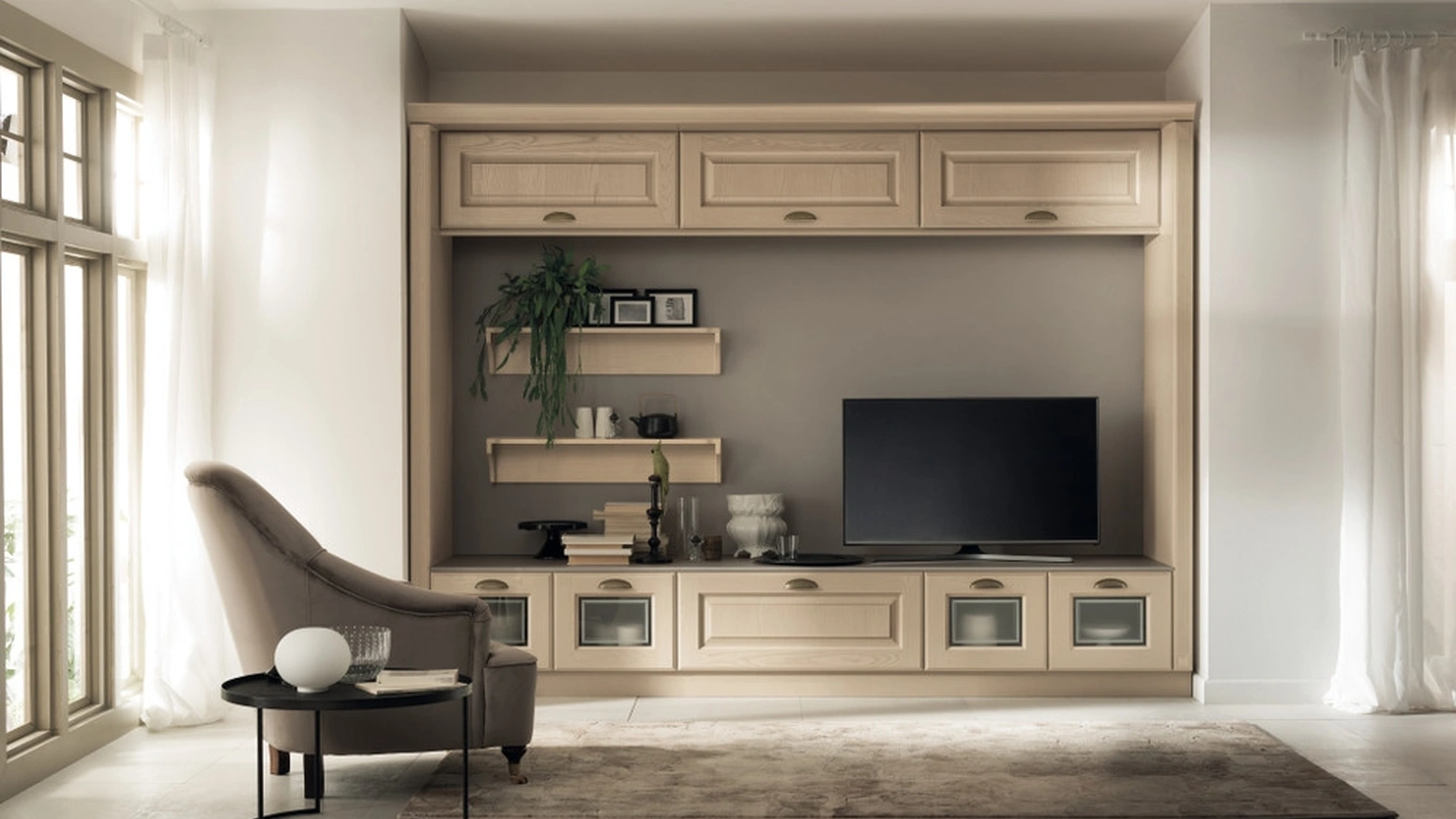 Parete Attrezzata Living Madeleine 01 in Frassino Bianco Burro di Scavolini