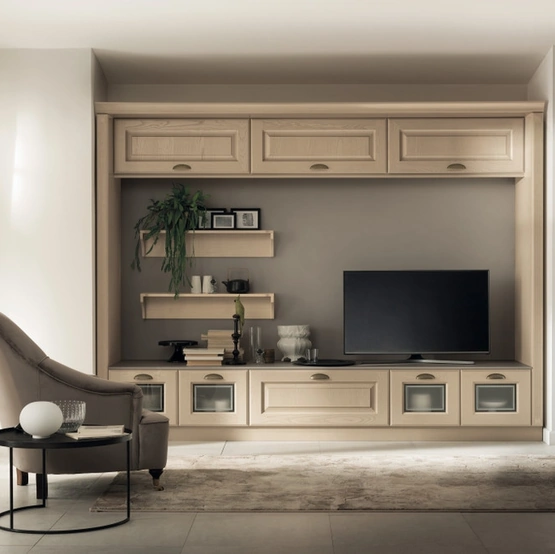 Parete Attrezzata Living Madeleine 01 in Frassino Bianco Burro di Scavolini
