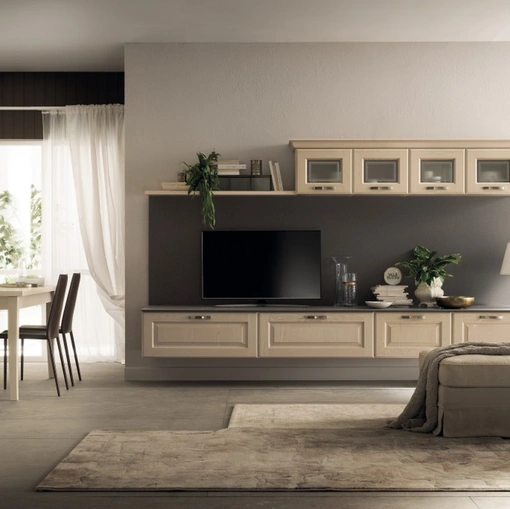 Parete Attrezzata sospesa Living Madeleine 02 in Frassino Bianco Burro di Scavolini