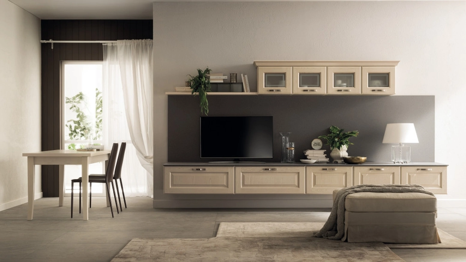 Parete Attrezzata sospesa Living Madeleine 02 in Frassino Bianco Burro di Scavolini