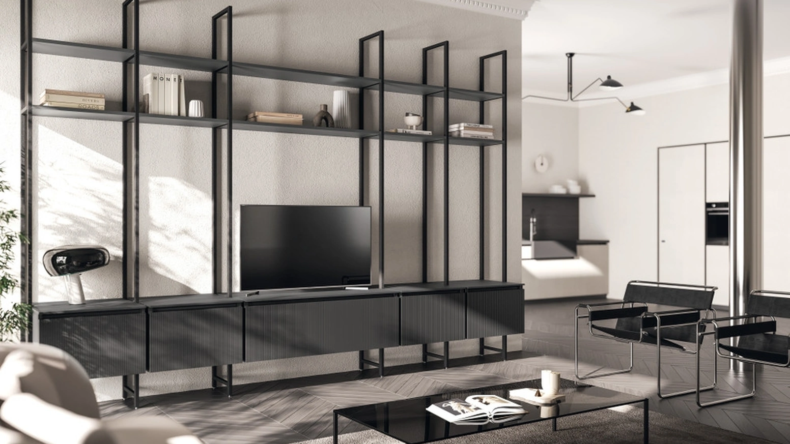 Parete Attrezzata Living Mira 01 in laccato Grigio Ferro di Scavolini