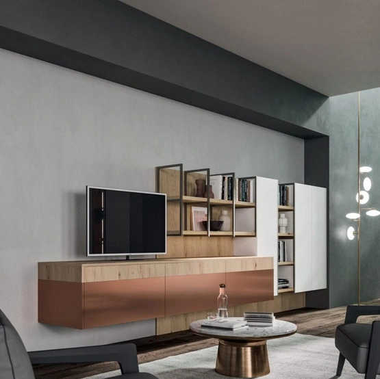 Parete Attrezzata Living T08 in laccato Metal Rame semilucido e Bianco con finiture in impiallacciato Rovere tinto Nordico nodato di Gentili Cucine
