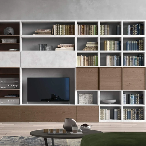 Parete Attrezzata Sistema Spalla Comp SA2222 in melaminico cemento Grigio e impiallacciato Nocciola di Maronese