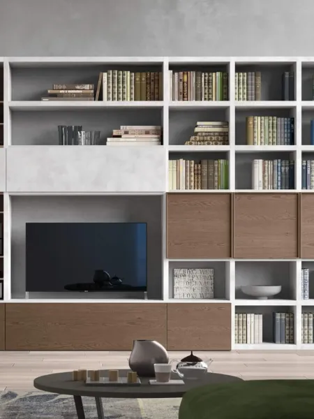 Parete Attrezzata Sistema Spalla Comp SA2222 in melaminico cemento Grigio e impiallacciato Nocciola di Maronese