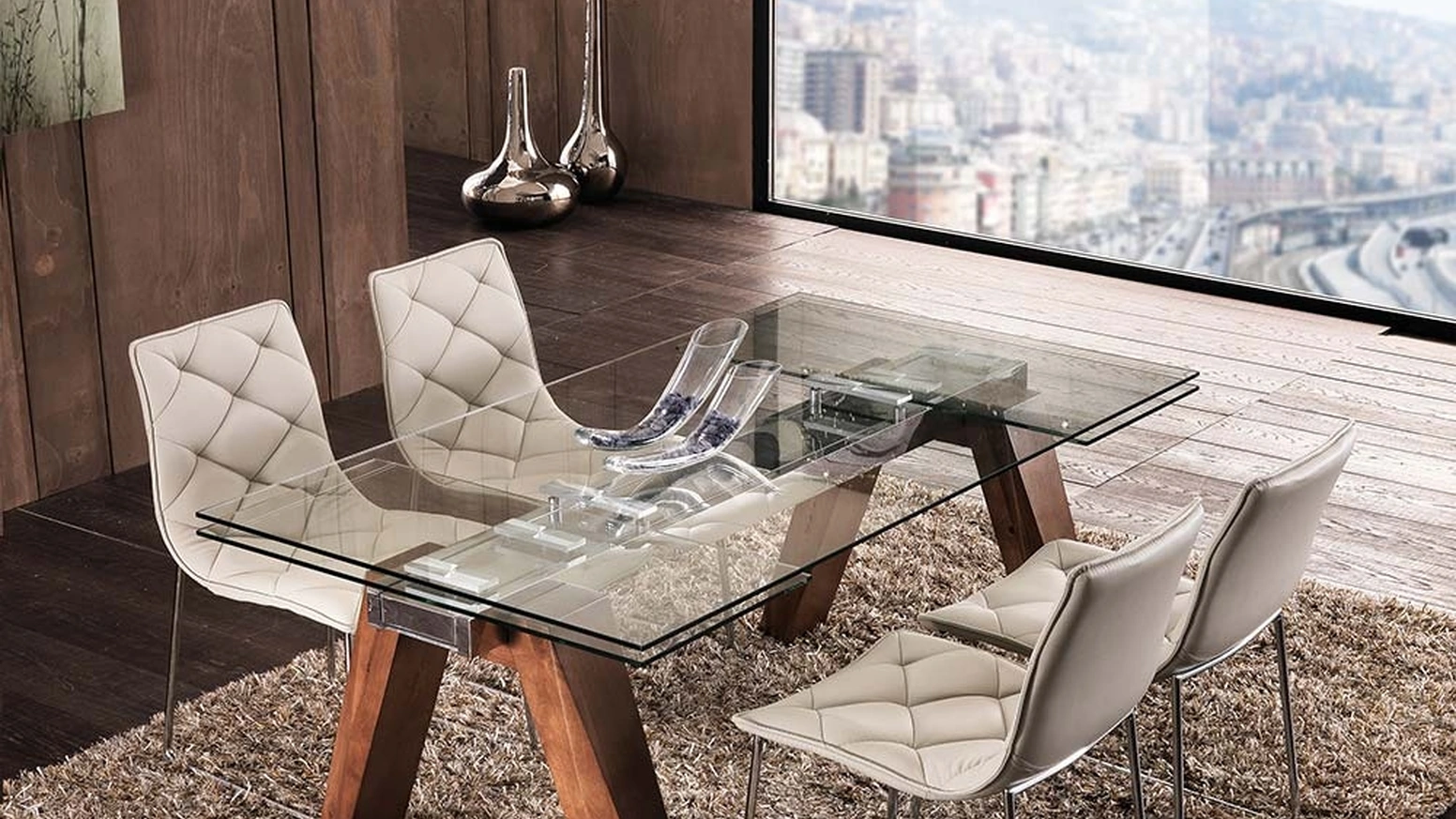 Tavolo allungabile Caronte in vetro temperato con base in legno di noce americano naturale massello di La Seggiola