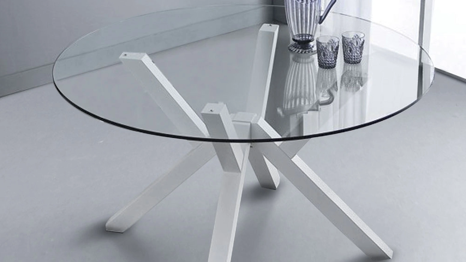 Tavolo rotondo Teorema in vetro temperato trasparente con gambe in Faggio massello laccato bianco di La Seggiola