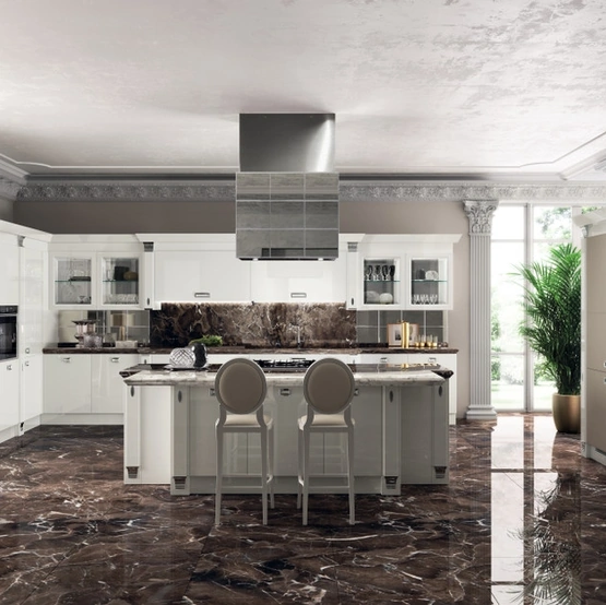 Cucina Classica Exclusiva 03 in laccato lucido Bianco e pelle di Scavolini